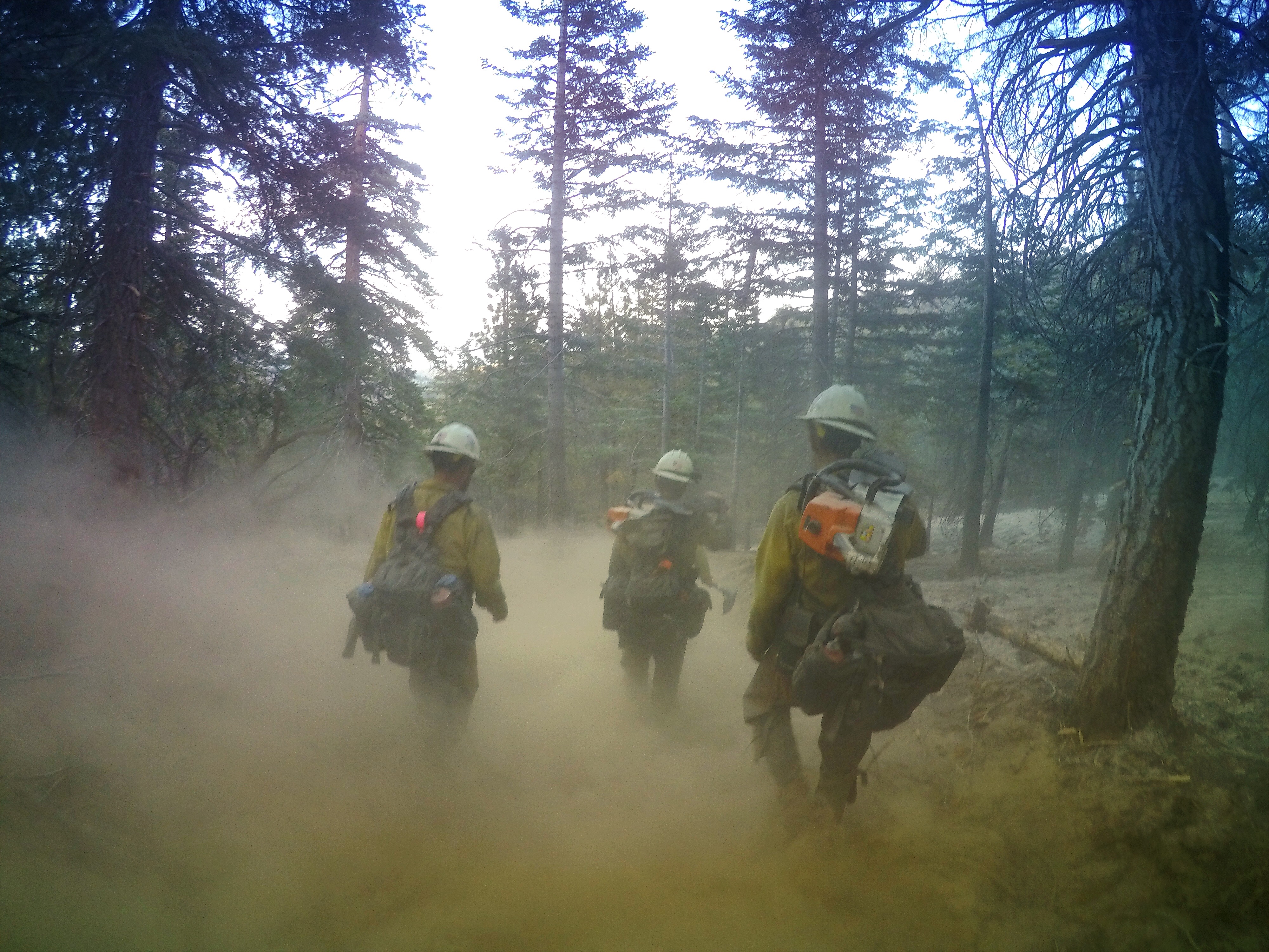 3 wildland firefighters walking through smoke taken by ExpertVoice Expert Gregg Boydston