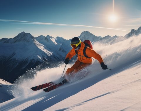 skier jumping in the snow mountains on the slope with his ski an